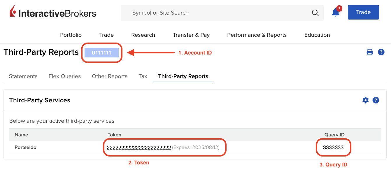 The IBKR Third-Party Reports page showing the Portseido Account ID, Token and Query ID