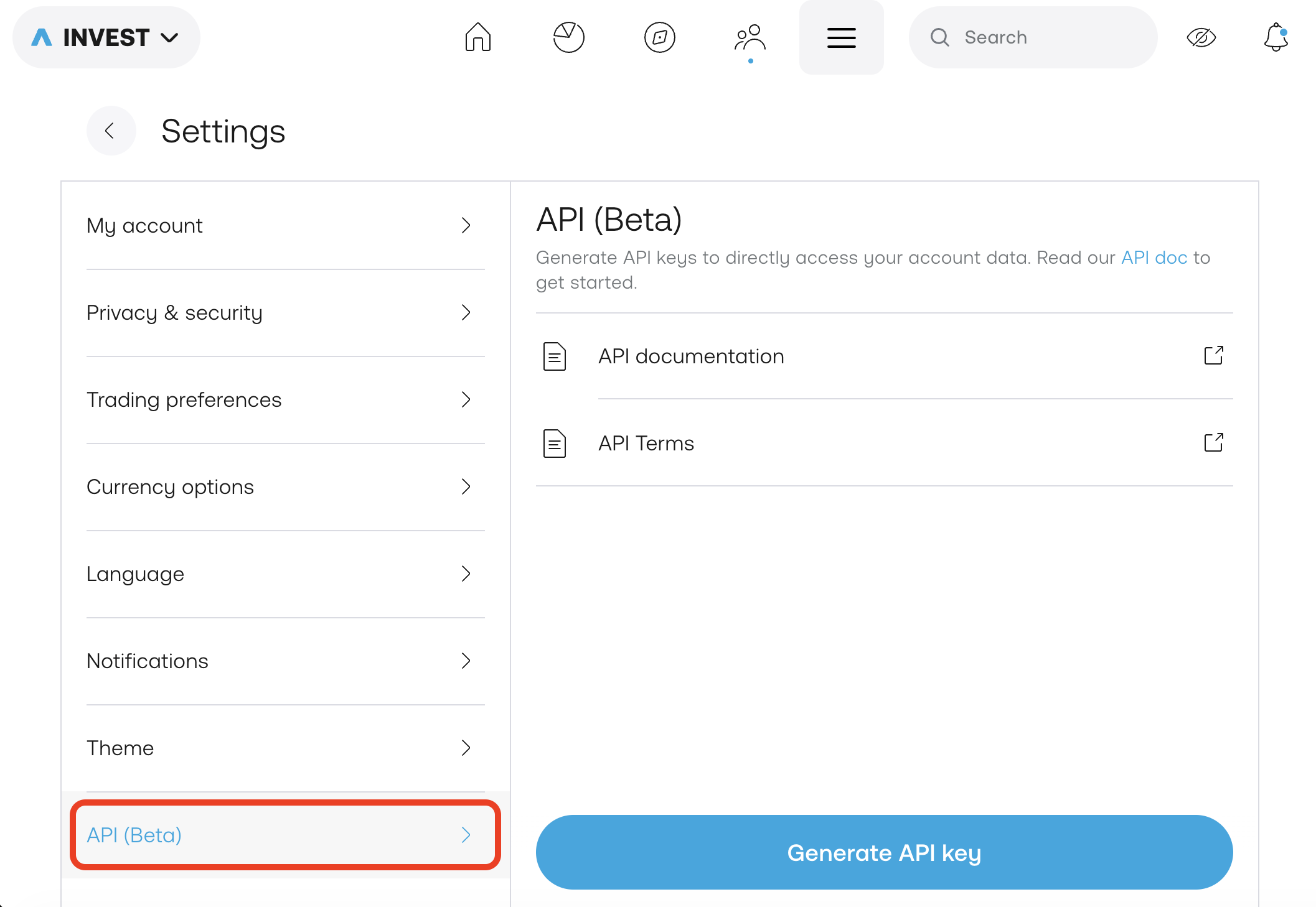 Generating an API key in Trading 212 under Settings, API (Beta)