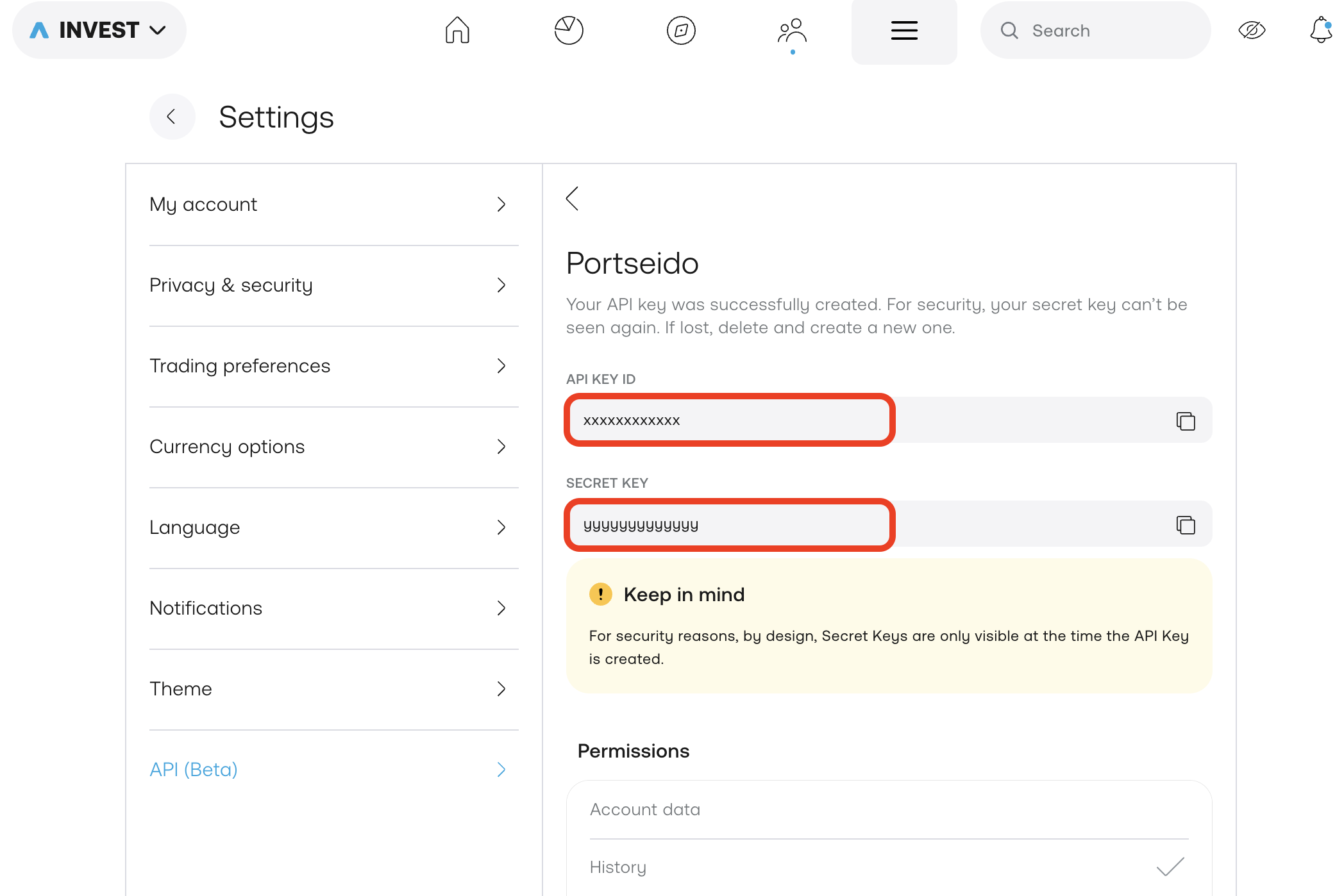 Copying the Trading 212 API Key ID and Secret Key to paste into Portseido